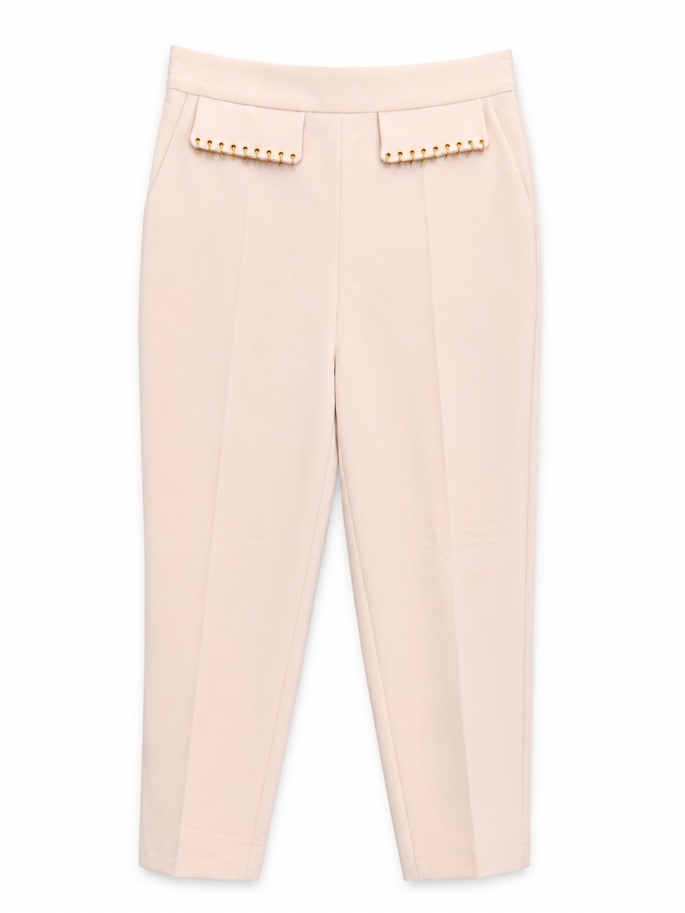 High-Rise Blush Tailored Ankle Trousers with Gold Stud Detail